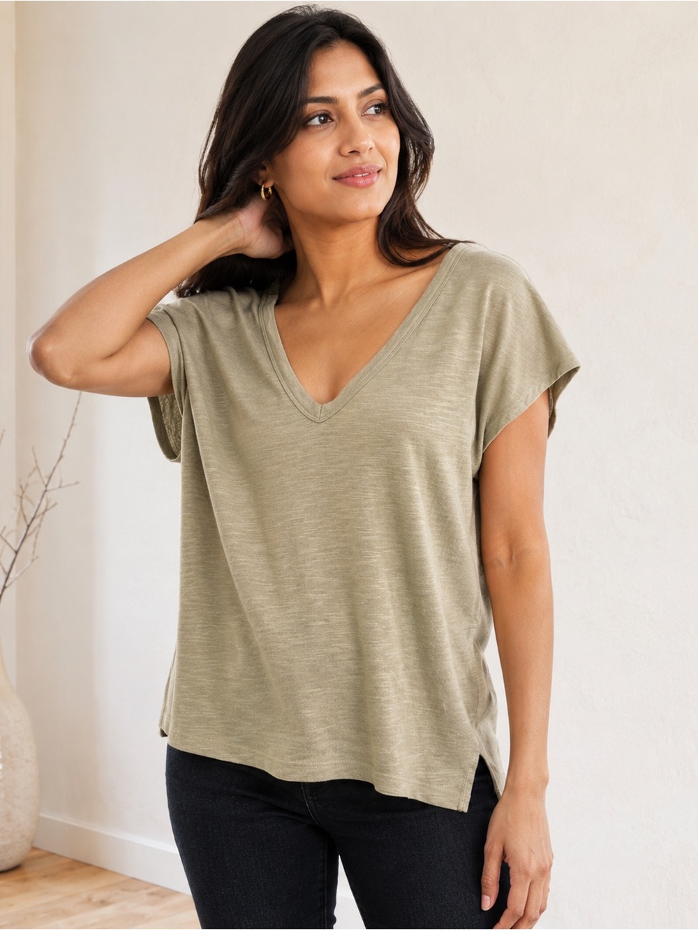Banana Republic Cozy Slub V Neck Top Womens Large Tate Olive Cotton Modal